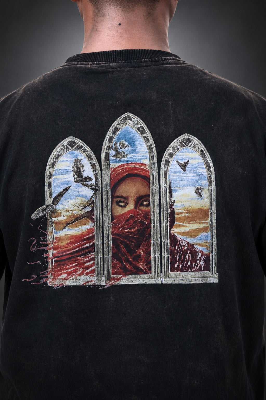 THE WATCHER - Black down shoulder T shirt
