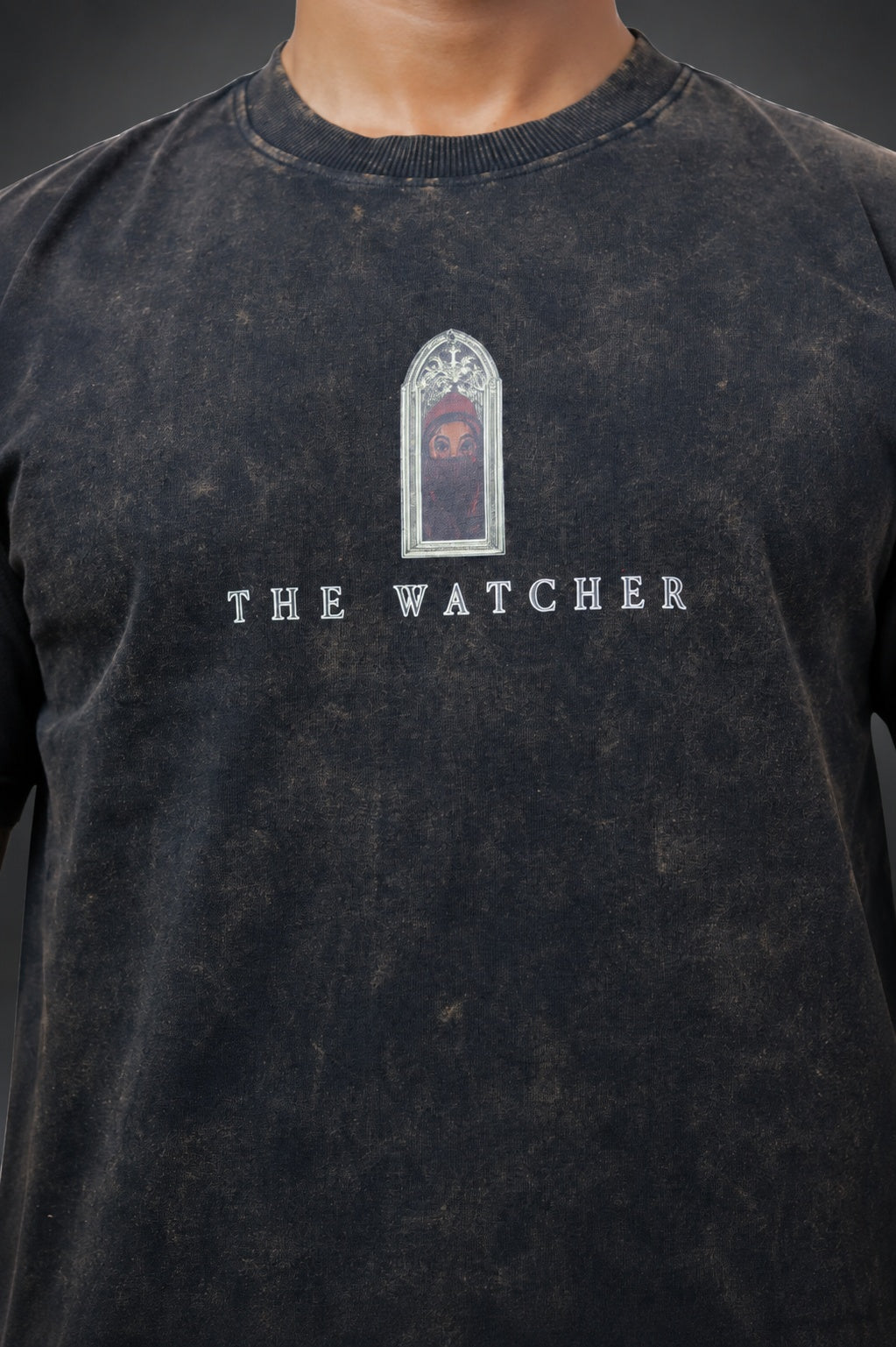 THE WATCHER - Black down shoulder T shirt
