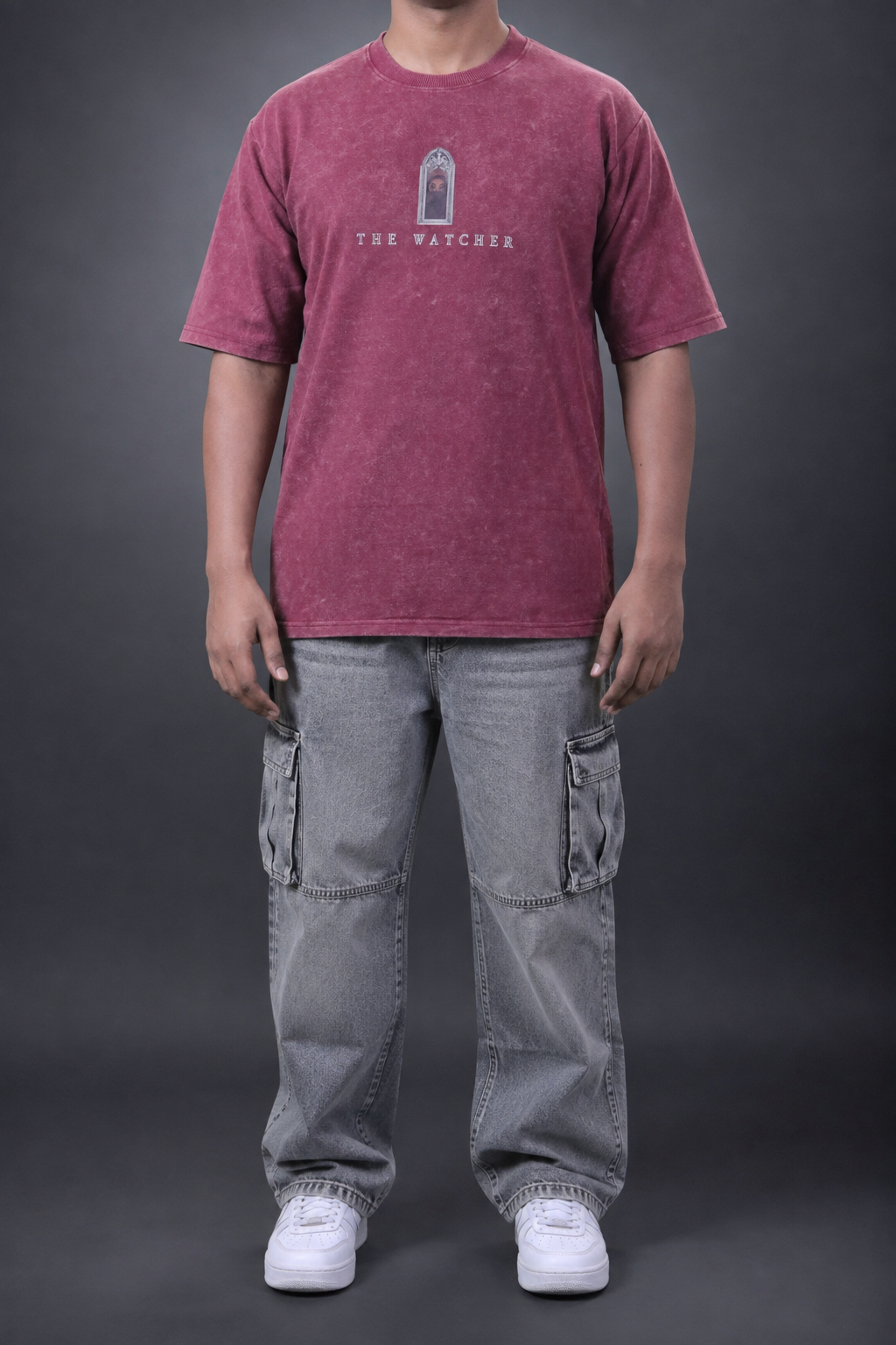 THE WATCHER - Grey Pink down shoulder T shirt