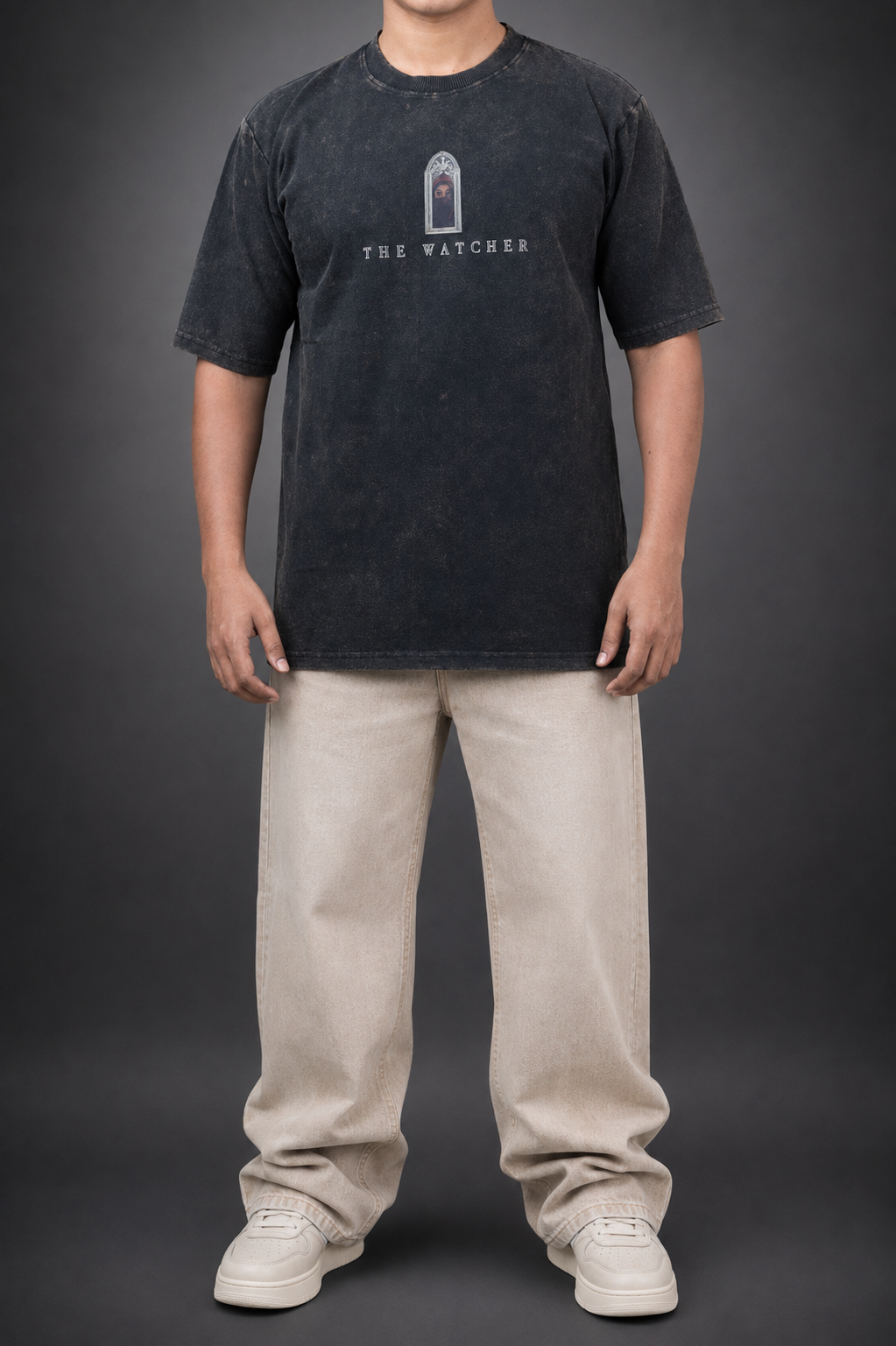 THE WATCHER - Black down shoulder T shirt
