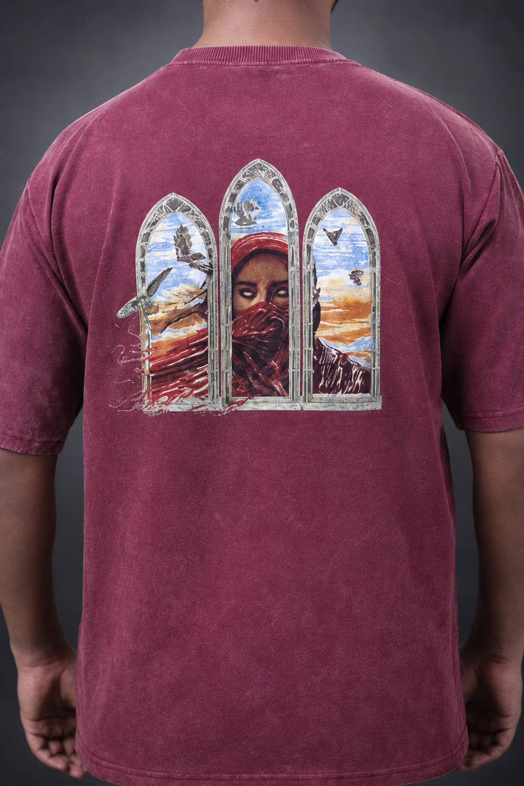 THE WATCHER - Grey Pink down shoulder T shirt