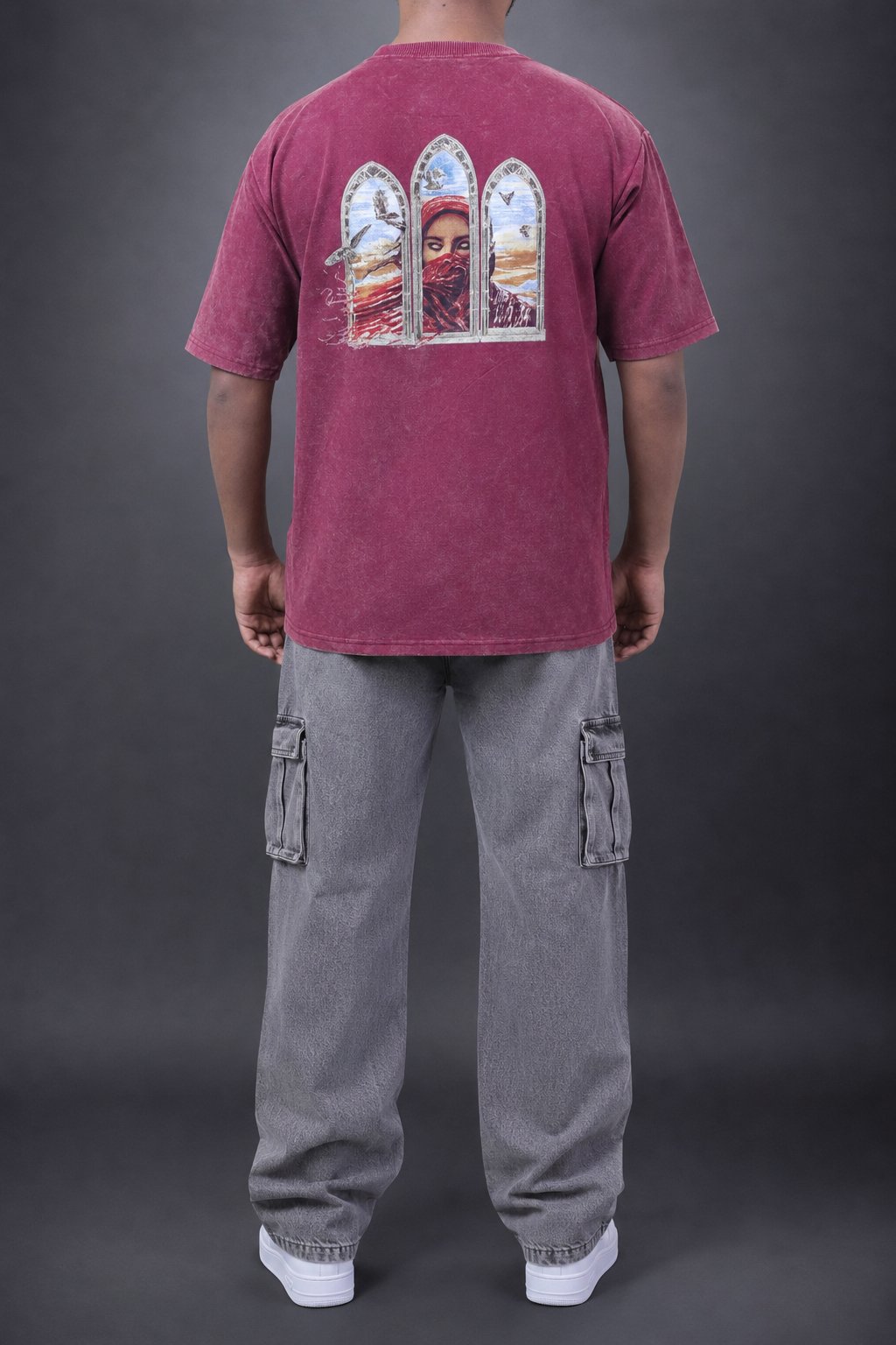 THE WATCHER - Grey Pink down shoulder T shirt